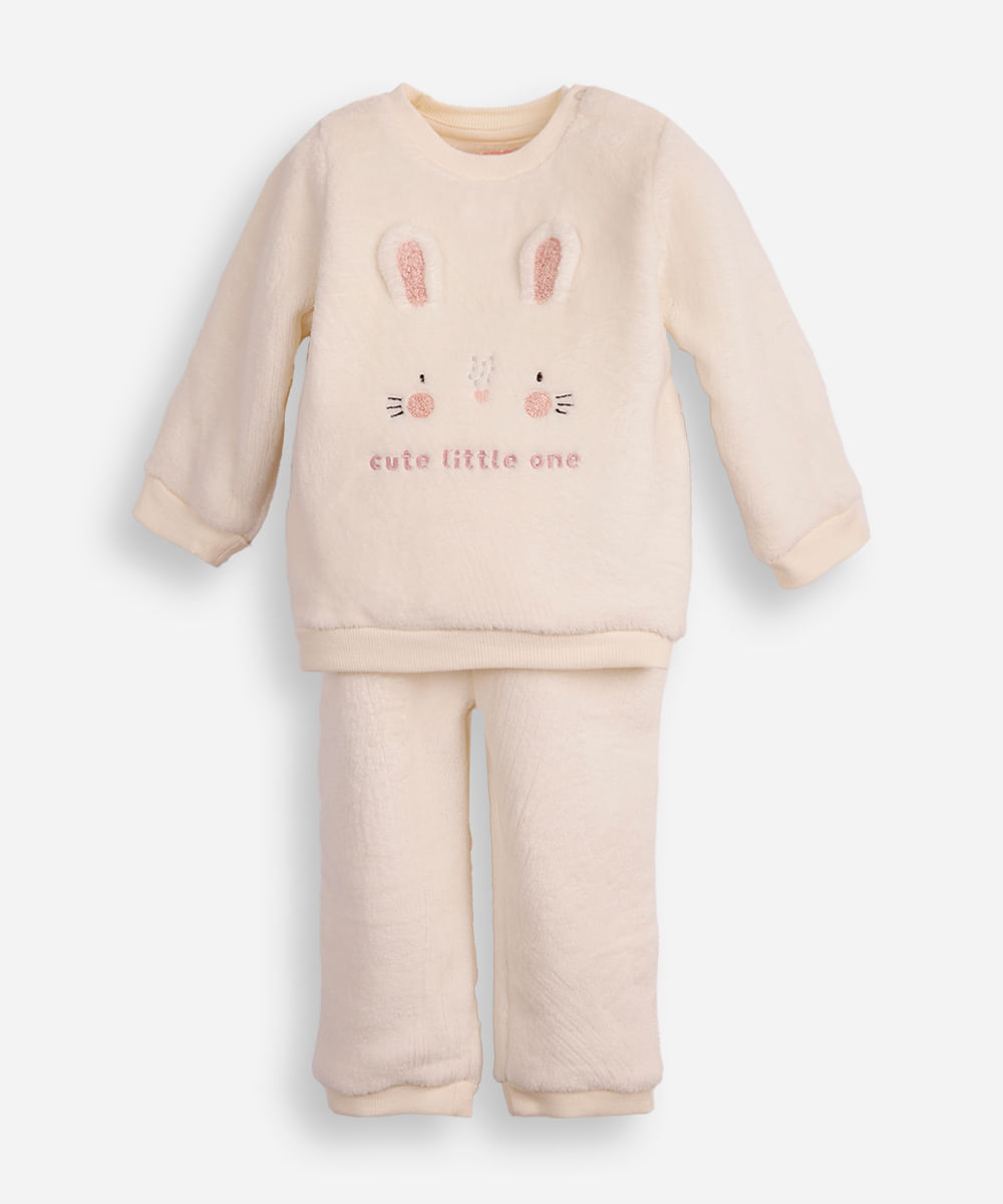 conjunto infantil longo de fleece coelhinho off white