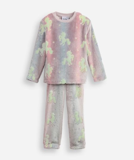 pijama longo infantil de fleece unicórnio brilha no escuro colorida 2