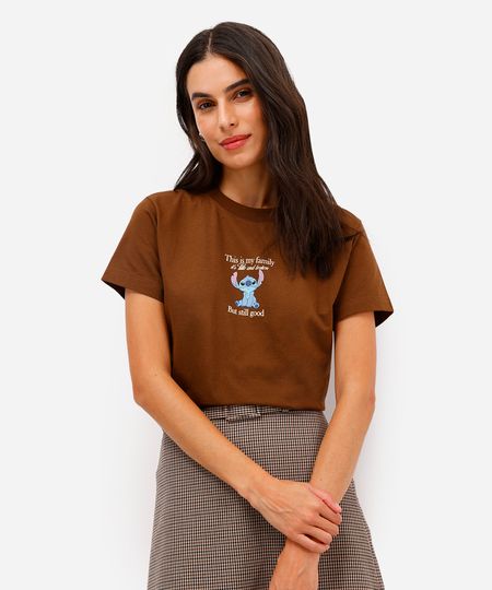 camiseta feminina de algodão stitch manga curta marrom PP