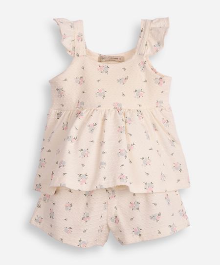 conjunto infantil curto texturizado floral off white 1