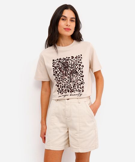 camiseta feminina de algodão animal print texturizada bege M