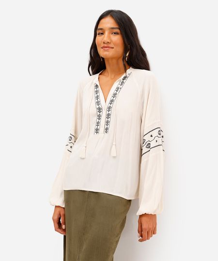 bata feminina de viscose com bordado texturizada off white G
