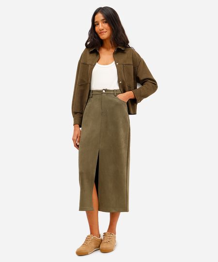 saia midi feminina de suede com fenda verde 38