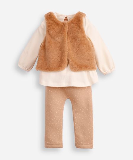 conjunto de algodão infantil longo com colete bege 6-9 conjunto de algodão infantil longo com colete bege 6-9