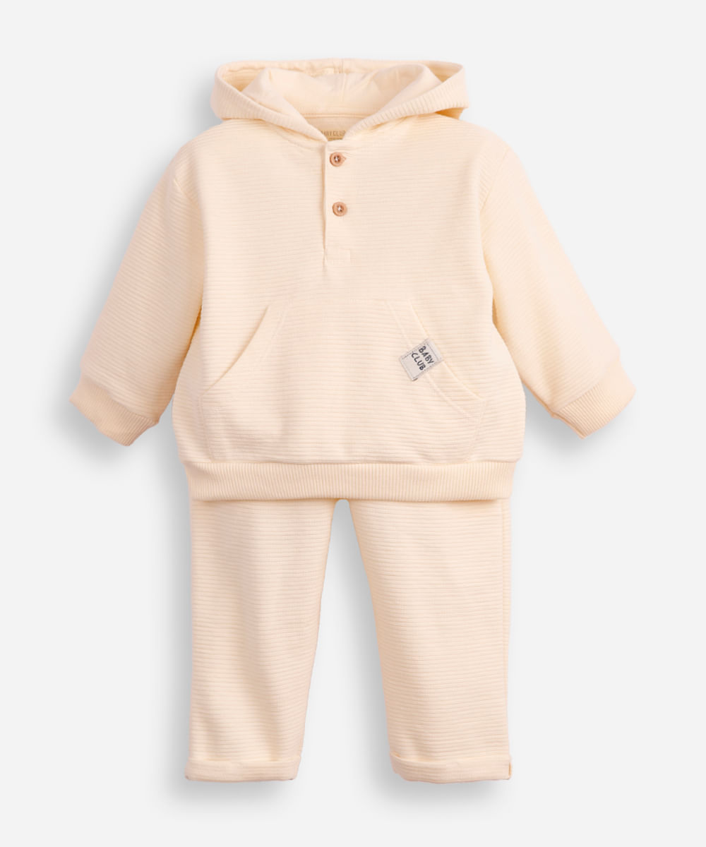conjunto de moletom infantil canelado com capuz bege
