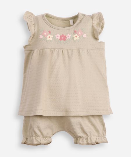 conjunto curto infantil texturizado floral verde 3-6