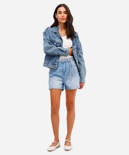 short mom feminino jeans com cinto azul 46