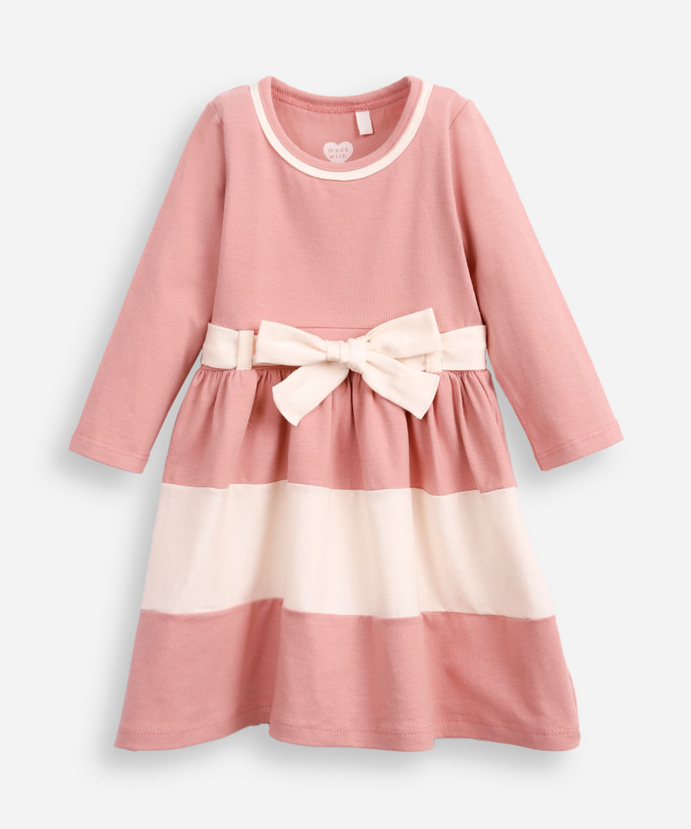 vestido infantil de algodão manga longa com faixa listrado rosa