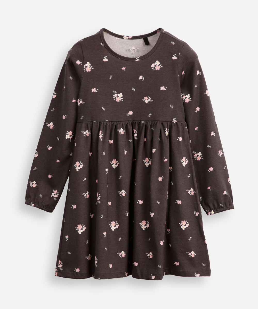 vestido infantil de algodão manga longa floral cinza