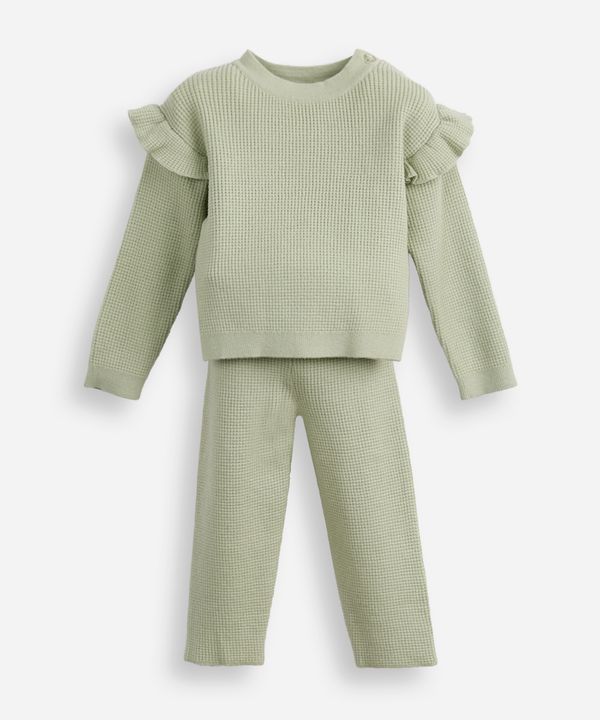 conjunto infantil longo de tricot texturizado com babado verde 3