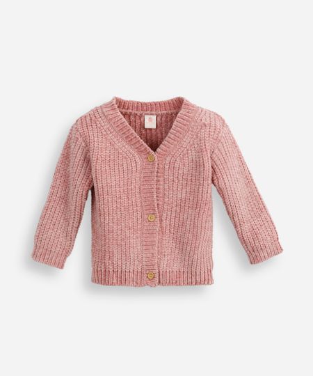 cardigan infantil de tricot chenille decote v rosa 6-9