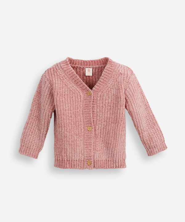 cardigan infantil de tricot chenille decote v rosa 0-3