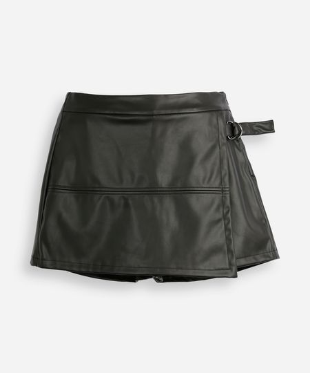 short saia juvenil de poliuretano com transpasse e fivela preto 12
