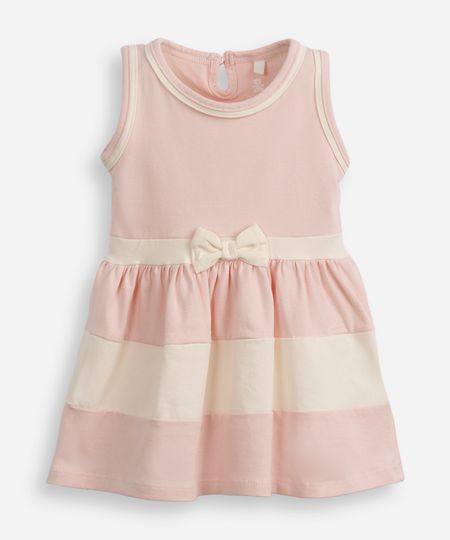vestido infantil de algodão com recortes e laço rosa 0-3