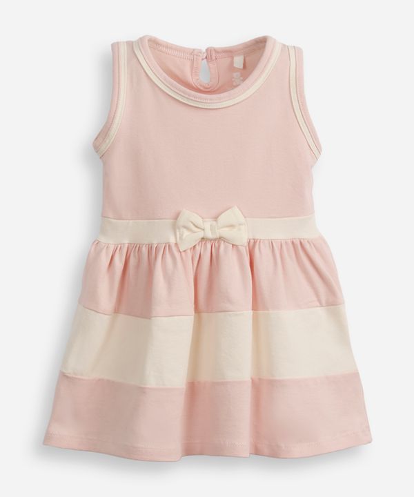 vestido infantil de algodão com recortes e laço rosa 0-3