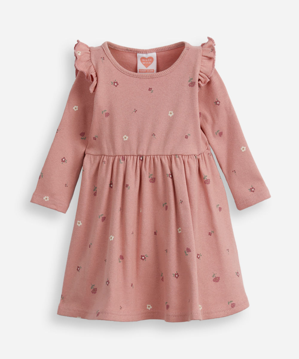 vestido infantil manga longa floral rosa