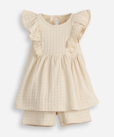 conjunto infantil curto com babados texturizado bege 3-6