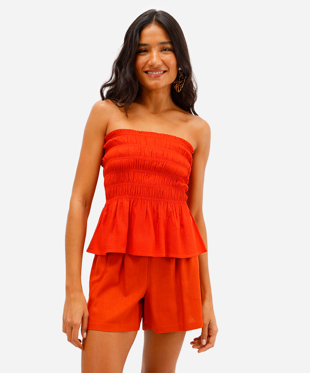 blusa sem alça feminina com linho franzida laranja