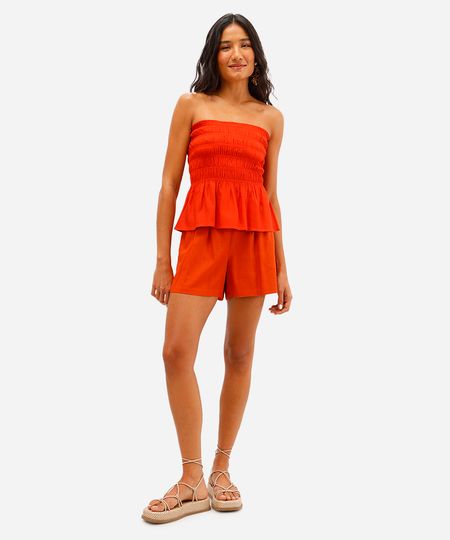 short feminino de alfaiataria com linho cós elástico laranja 34 short feminino de alfaiataria com linho cós elástico laranja 34