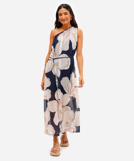 vestido midi ombro único de tule floral azul PP
