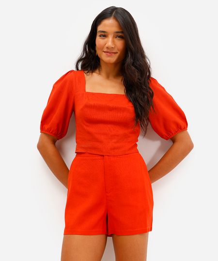 cropped feminino com linho manga bufante laranja PP cropped feminino com linho manga bufante laranja PP