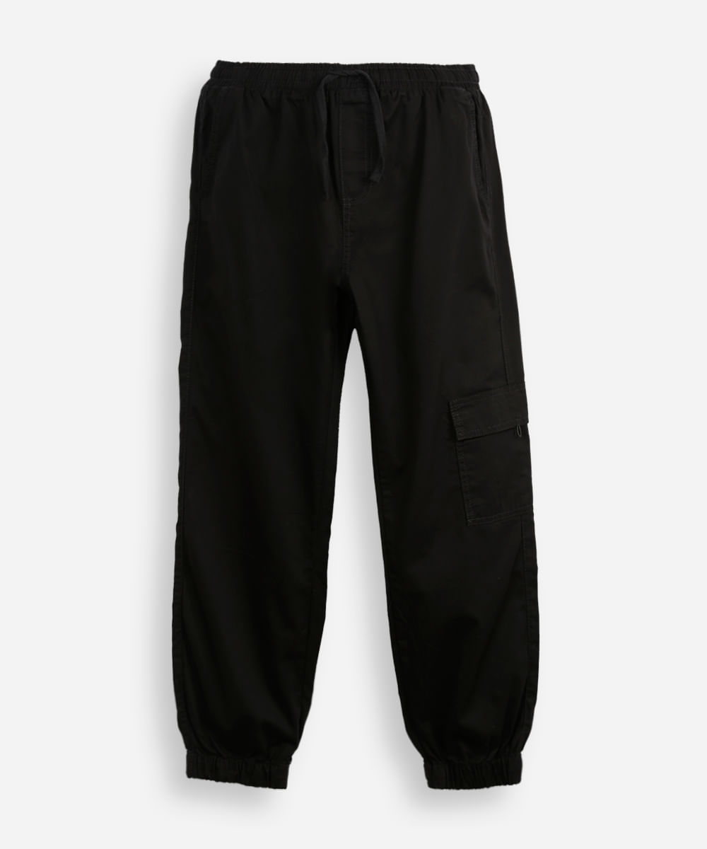 calça jogger juvenil de sarja com bolso cargo preta