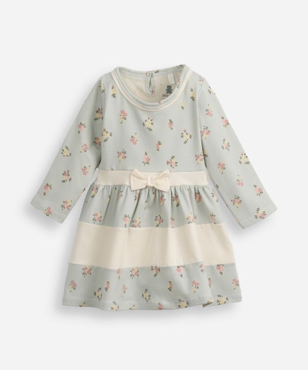 vestido infantil de algodão manga longa floral azul 12-18