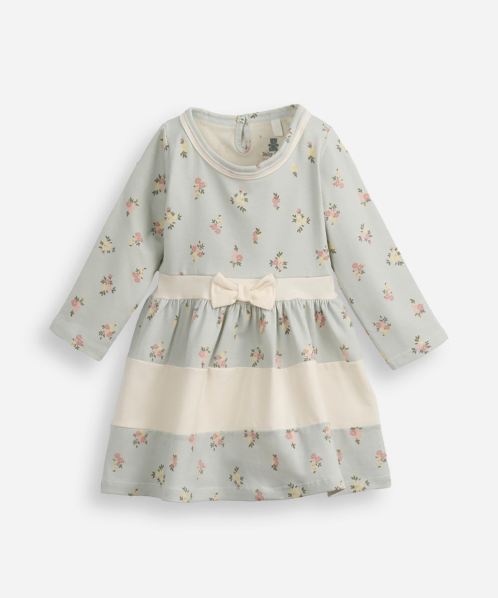vestido infantil de algodão manga longa floral azul