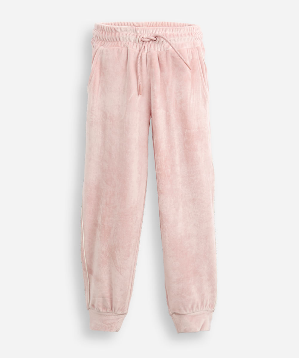 calça jogger de plush infantil com nervura rosa