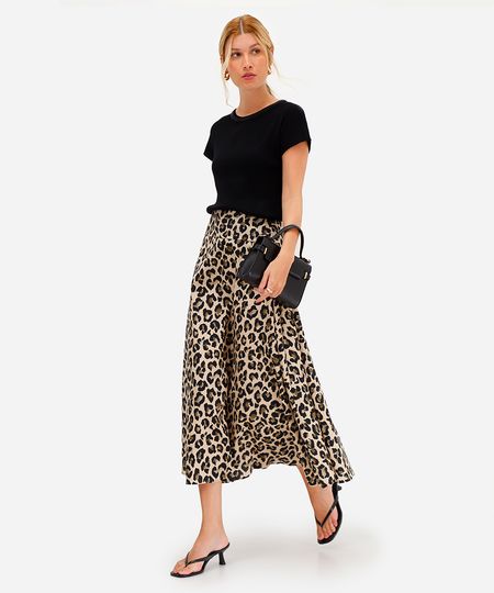 saia midi feminina de algodão animal print bege 40 saia midi feminina de algodão animal print bege 40