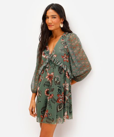 vestido curto feminino de tule com babados floral verde P