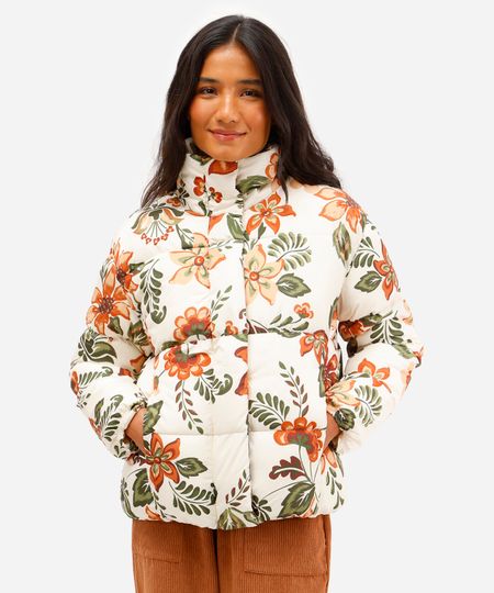 jaqueta puffer feminina floral bege G