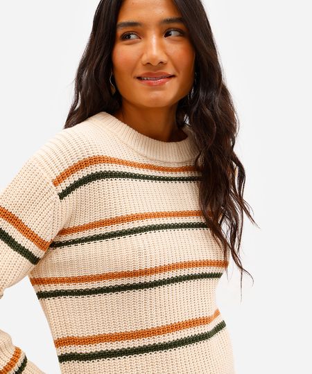 suéter feminino de tricot listrado bege GG