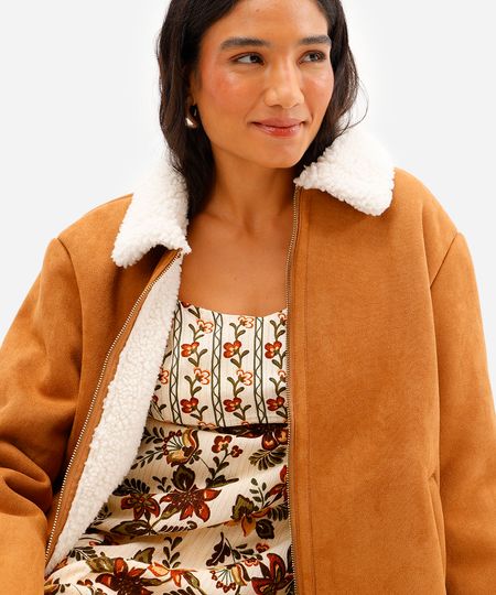 jaqueta feminina de suede gola sherpa marrom PP