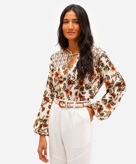 bata feminina de viscose floral com lurex bege P