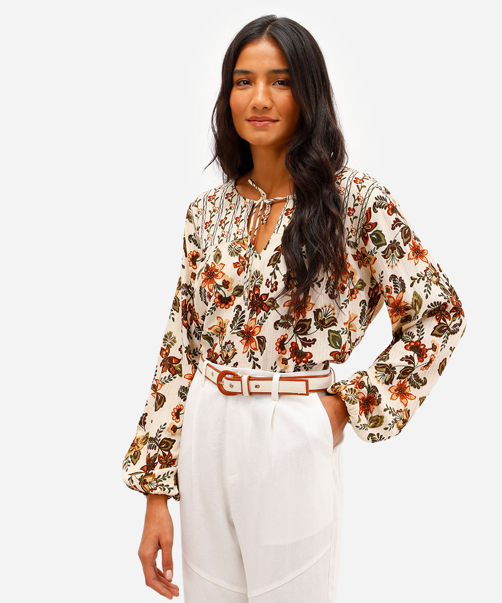 bata feminina de viscose floral com lurex bege