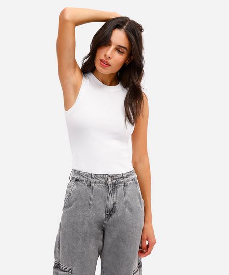 regata básica feminina de algodão canelada off white P