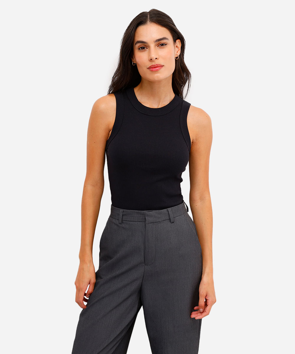 regata básica feminina de algodão canelada preto