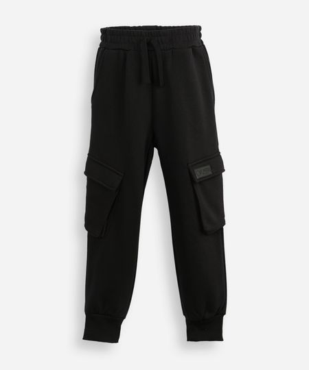 calça jogger infantil de moletom com bolsos cargo preta 10