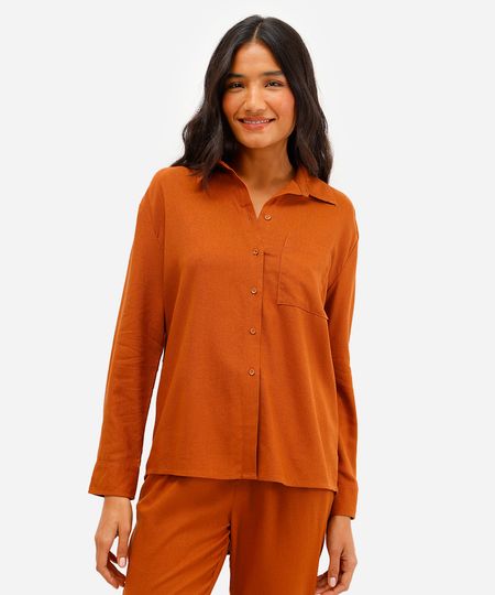 camisa oversized feminina com linho manga longa marrom G