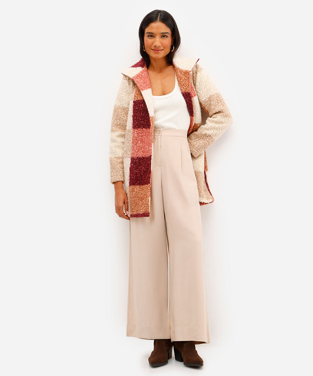 calça wide leg de viscose cintura alta com elástico - areia