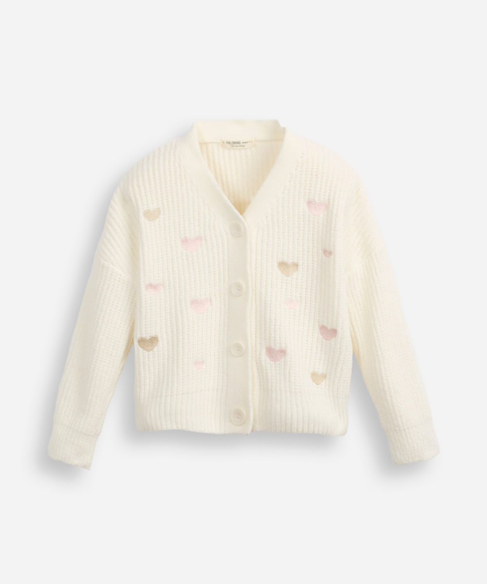 Vista 2 cardigan infantil de tricot bordado corações C&A OFF White C&A OFF White