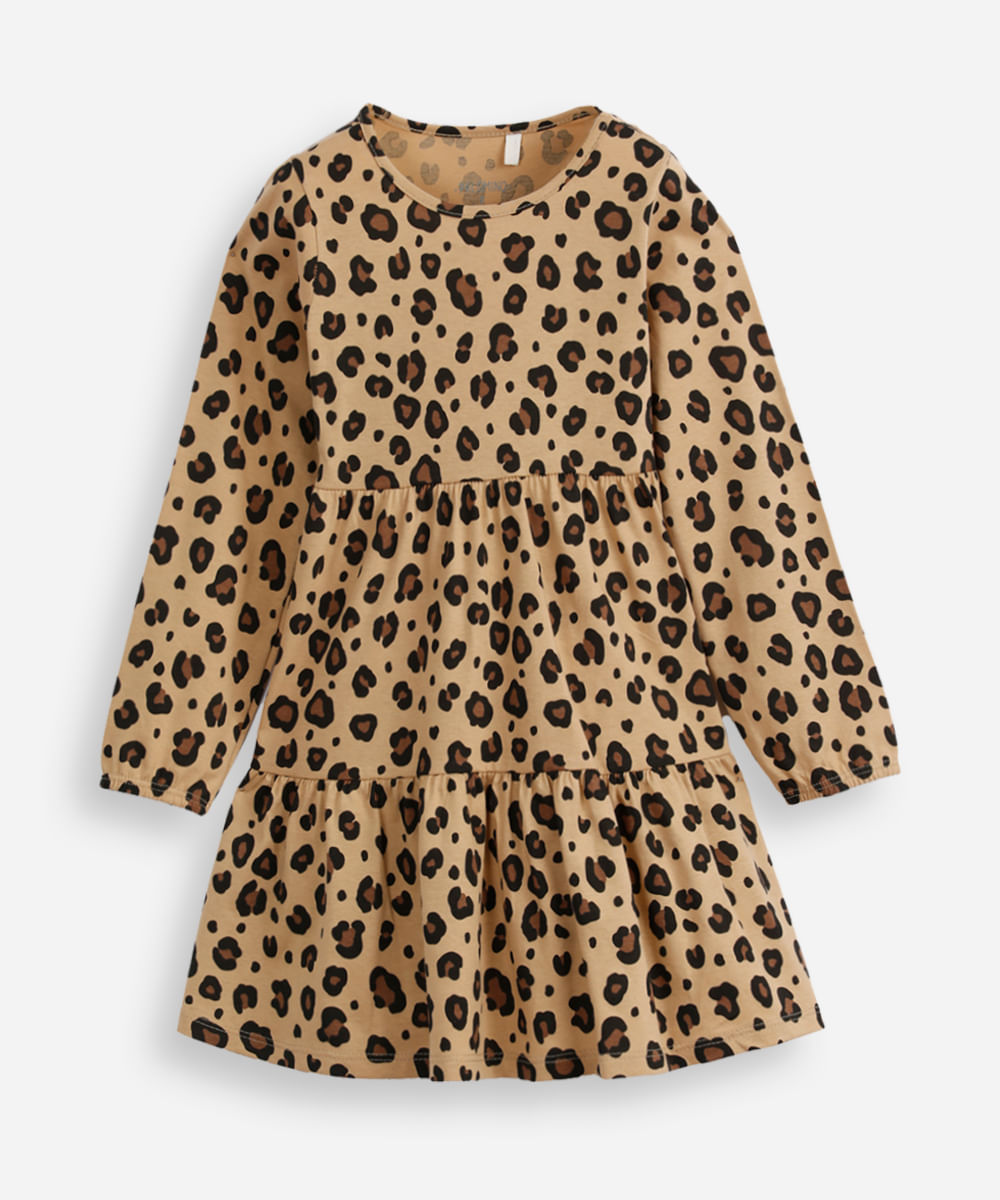 vestido de algodão infantil manga longa animal print bege