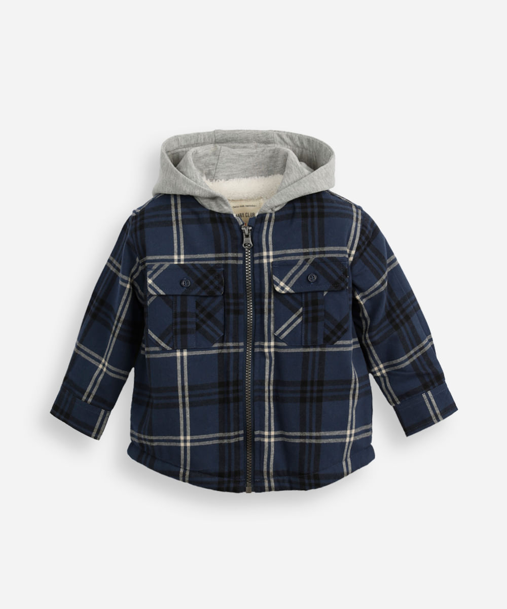 jaqueta infantil com capuz xadrez azul