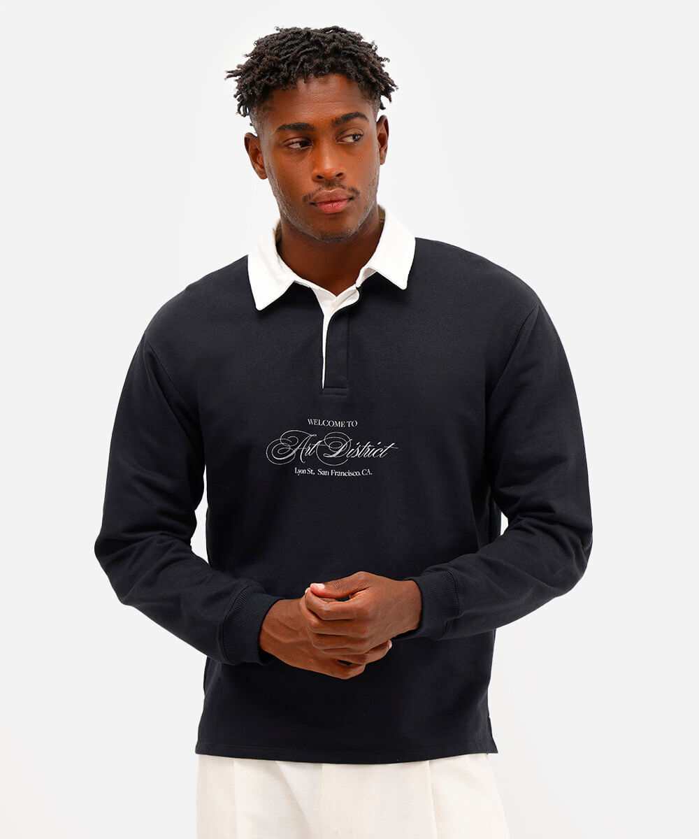 polo masculina de moletinho manga longa art district - preto
