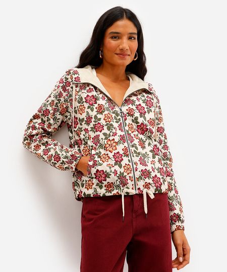 jaqueta corta vento feminina com capuz floral bege M
