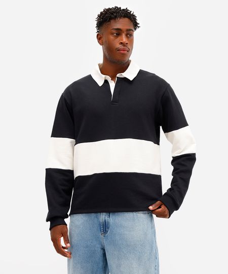 polo masculina manga longa com recorte bicolor preta P polo masculina manga longa com recorte bicolor preta P