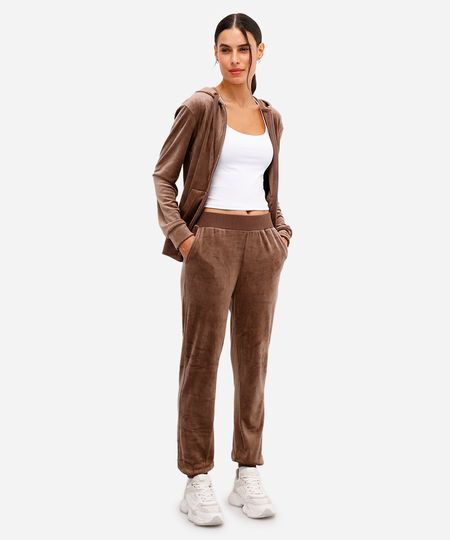 calça reta de plush cintura alta esportiva ace marrom P