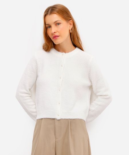 cardigan feminino de tricot texturizado off white G
