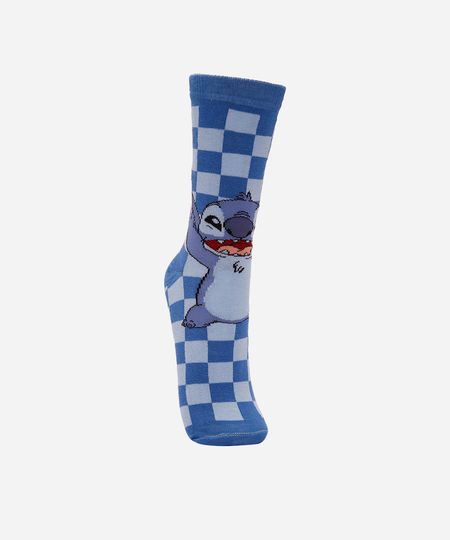 meia feminina cano longo stitch xadrez azul 34-39